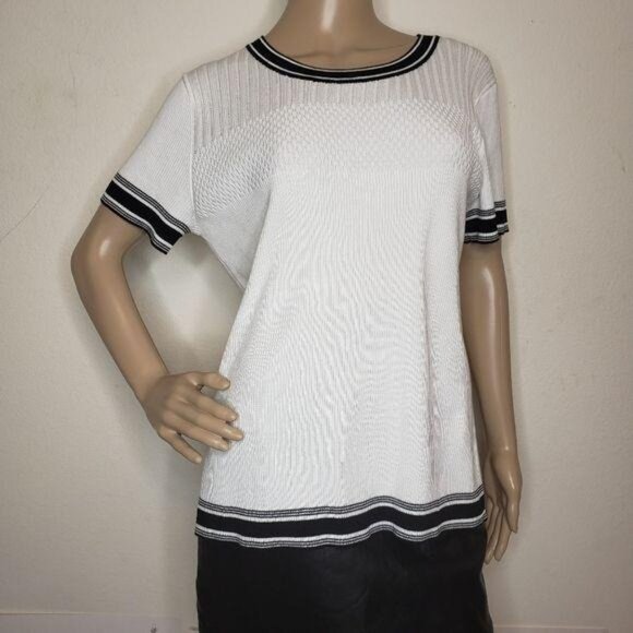 Karl Lagerfeld Paris NWT White & Black Knit Short-Sleeve Top Ribbed Trim Detail - Picture 7 of 12